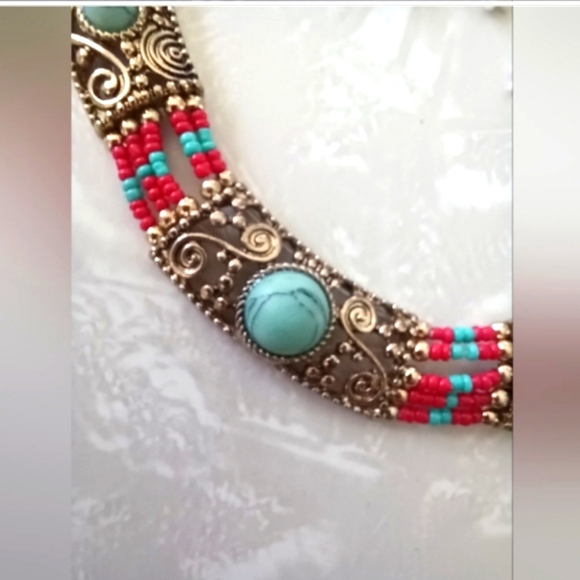 Beaded Necklace and Earrings Red & Turquoise - Picture 3 of 7